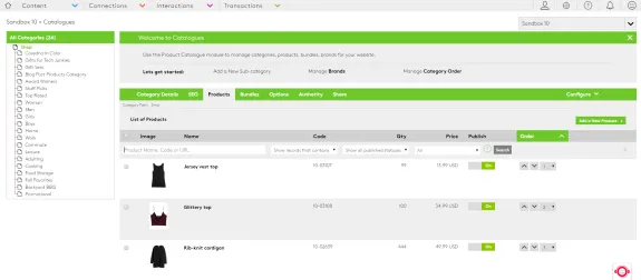 Product catalogue management interface showing clothing items and details.