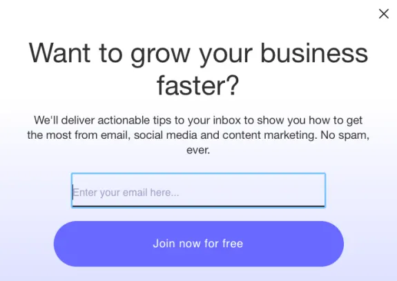 Email signup form for business growth tips with a join button.