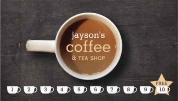 Coffee shop loyalty card with free drink after ten purchases.