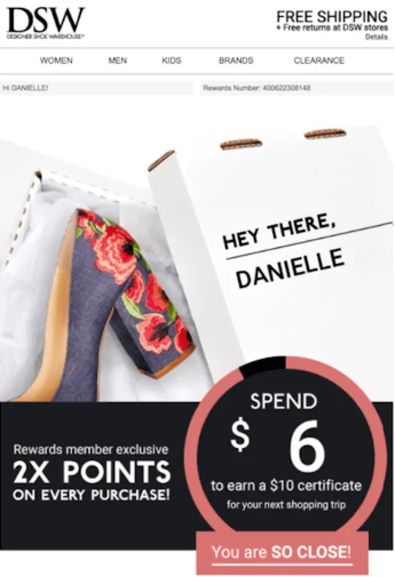 DSW rewards offer featuring embroidered shoes and discount details.