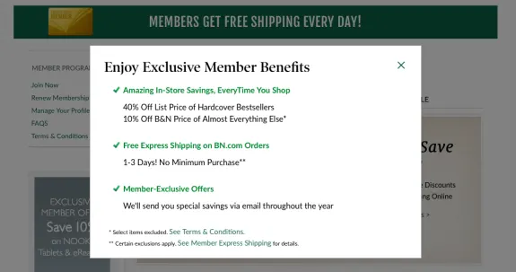 Popup displaying exclusive member benefits including discounts and free shipping.