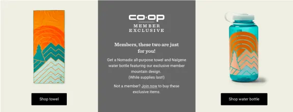 Member exclusive offer featuring towel and water bottle with mountain design.