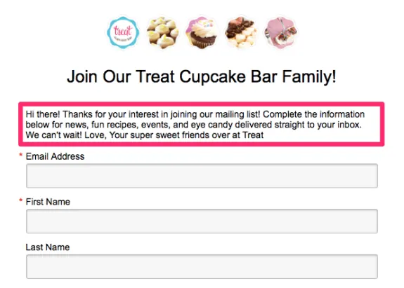 Cupcake bar mailing list signup form with email and name fields.