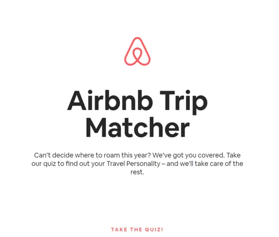 Airbnb Trip Matcher promotion with logo and quiz invitation text.