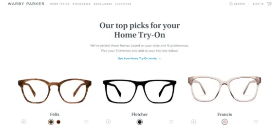 Warby Parker home try-on eyeglasses selection with three frames: Felix, Fletcher, and Francis.