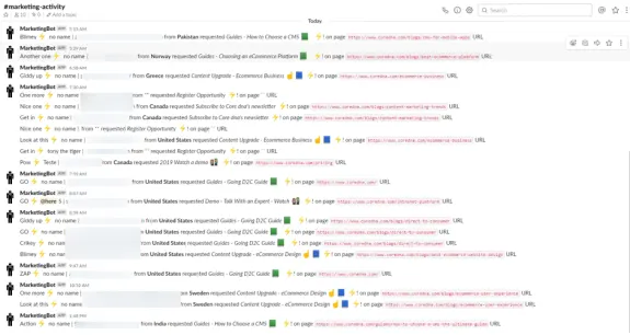 Slack channel showing marketing activity log with various user requests and URLs.