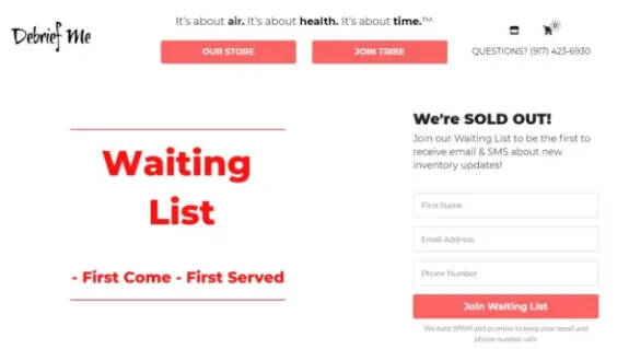 Debrief Me waiting list signup page with form for inventory updates.
