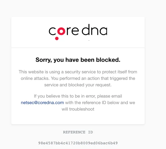 Coredna security block message with contact email for troubleshooting.