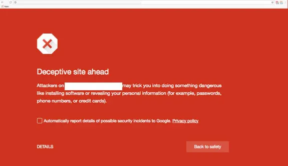 Red warning page indicating a deceptive site ahead with security alert message.