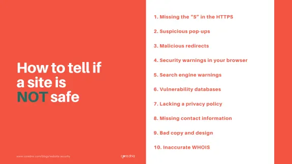 Image listing 10 signs a website may not be safe, including missing HTTPS and security warnings.