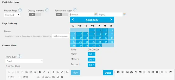CMS interface showing publish settings and calendar for April 2020.