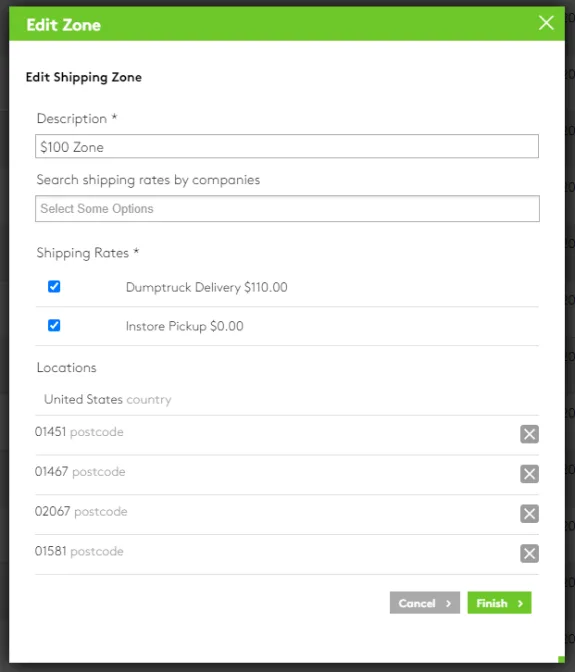 Edit shipping zone settings with dumptruck delivery and instore pickup options.