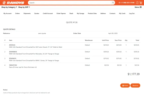 Screenshot of Randys quote page showing auto parts order details from April 2020.