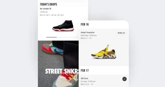 Sneaker release calendar showing Air Jordan XI and Adapt Huarache with release dates.