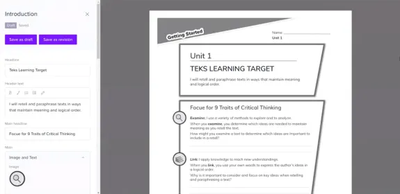 TEKS learning target guide for critical thinking and text retelling.