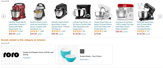 Amazon selection of various stand mixers with prices and ratings displayed.