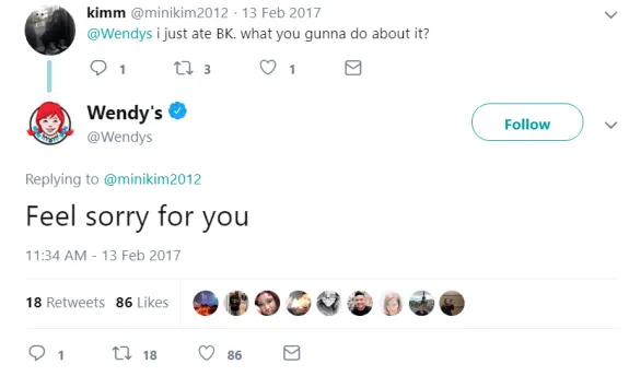 Wendy's humorous Twitter response to a user's comment about eating BK in 2017.