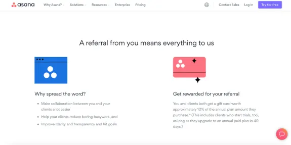Asana referral program promotion with benefits and rewards details.