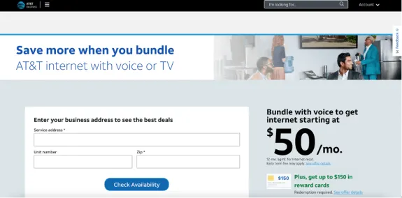 AT&T business bundle internet with voice or TV starting at $50 per month.
