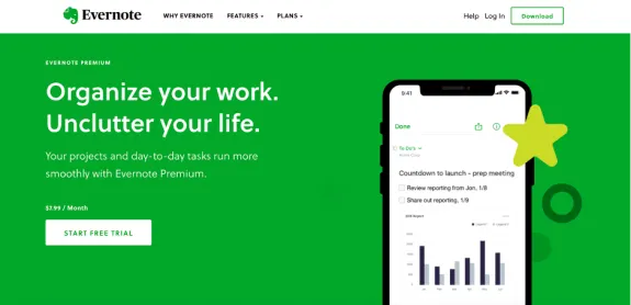 Evernote Premium webpage promoting organization and free trial with a mobile dashboard.