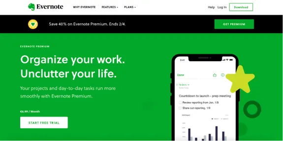 Evernote Premium promotion with organize your work text and mobile app display.