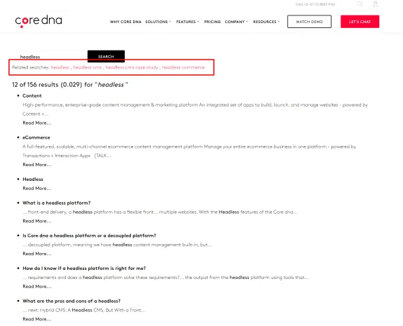 Core dna search results for headless CMS showing related searches and content summaries