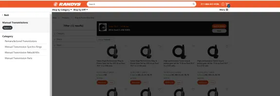 Screenshot of RANDYS website showing manual transmission gear sets for Ford vehicles.