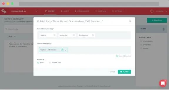 Contentstack publish entry interface for headless CMS solution.