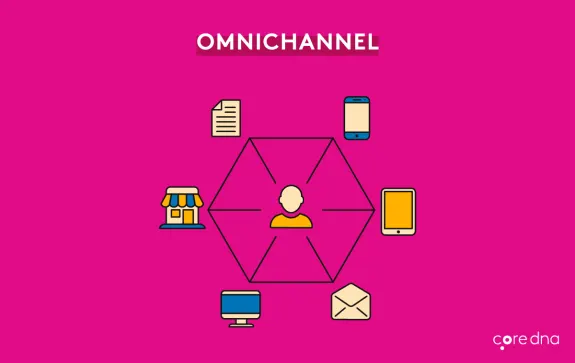 Omnichannel marketing concept with icons for store, mobile, and online communication on pink background.