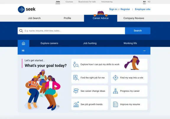 Seek career advice website homepage with navigation and goal options.