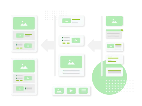 Green themed UX design wireframe with various UI elements and arrows.