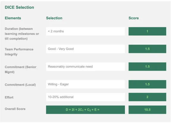 Table showing DICE selection elements, scores, and overall score of 10.5.