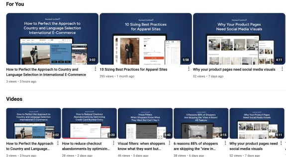 Video thumbnails on international ecommerce strategies with blue background.