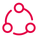 Red circular network icon with three connected circles on a black background.