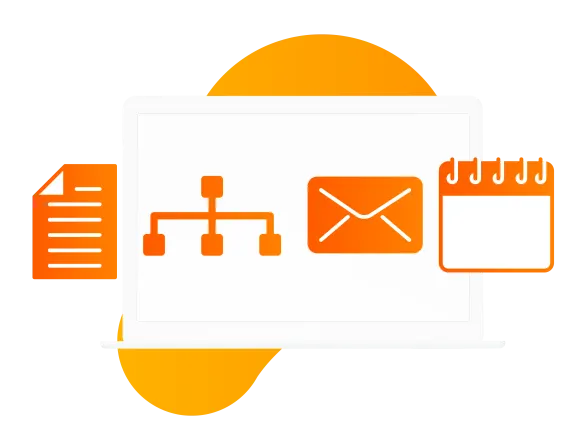 Laptop screen showing icons for document, network, email, and calendar in orange.