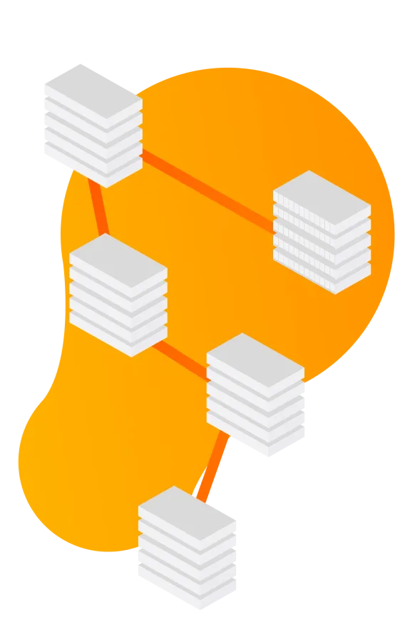 Illustration of a network diagram with data nodes on an orange background.
