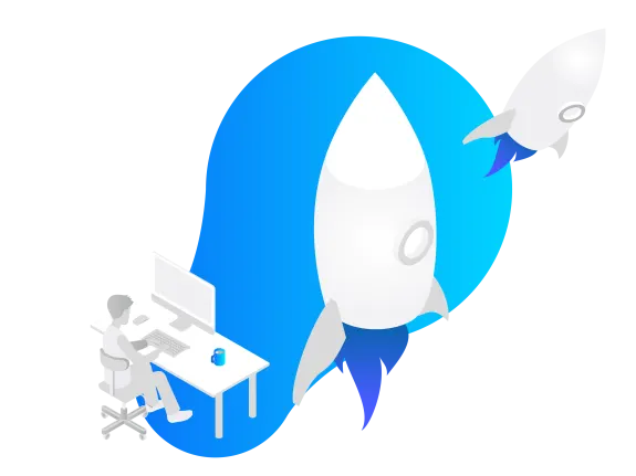 Businessman at computer desk with rocket launch on blue background.