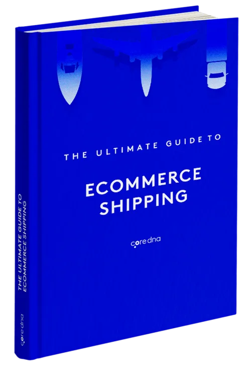 Blue cover of ebook titled 'The Ultimate Guide to Ecommerce Shipping' by coredna.