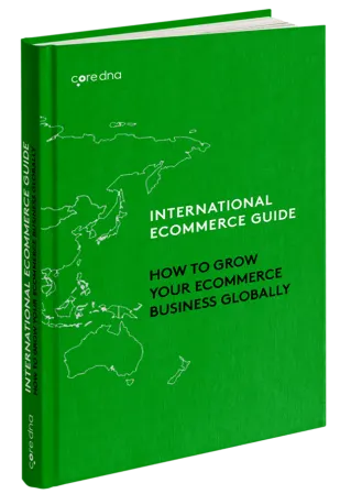 Green book cover titled International Ecommerce Guide with world map outline