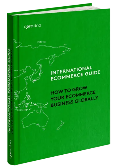 Green book cover titled International Ecommerce Guide with world map outline