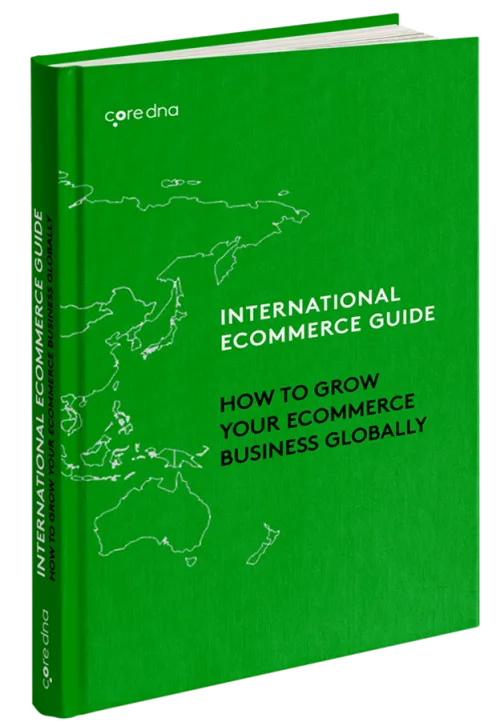Green book cover titled International Ecommerce Guide with world map outline
