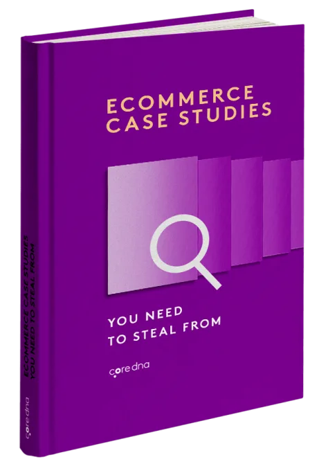 Purple book cover titled 'Ecommerce Case Studies You Need to Steal From' by Coredna.