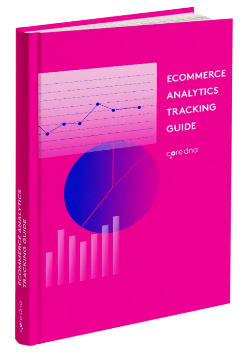 Ecommerce Analytics Tracking Guide book with pink cover and charts.