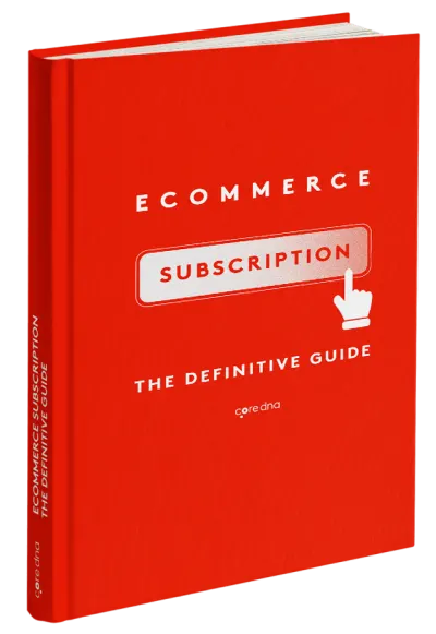 Red book cover titled 'Ecommerce Subscription The Definitive Guide' with a hand icon.