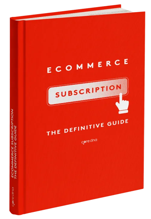 Red book cover titled 'Ecommerce Subscription The Definitive Guide' with a hand icon.