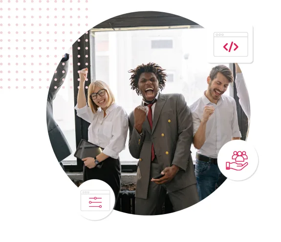 Diverse business team celebrating success with happy expressions.