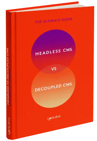 Red book cover titled 'Headless vs Decoupled CMS' by coredna.