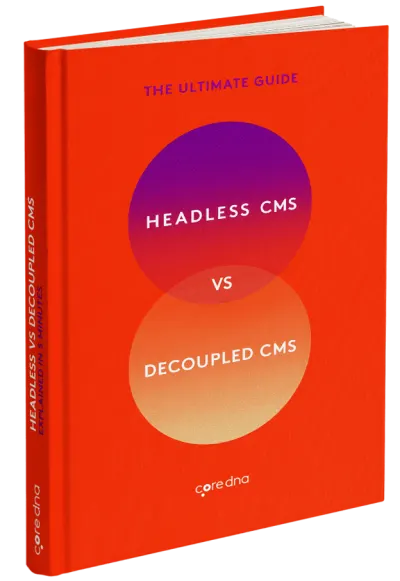 Red book cover titled 'Headless vs Decoupled CMS' by coredna.
