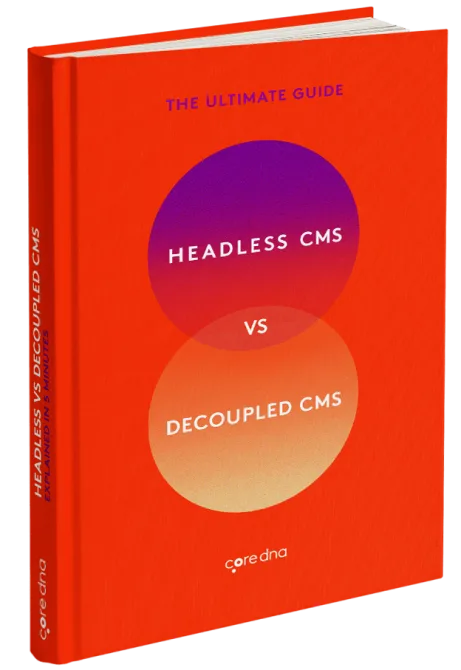 Red book cover titled 'Headless vs Decoupled CMS' by coredna.