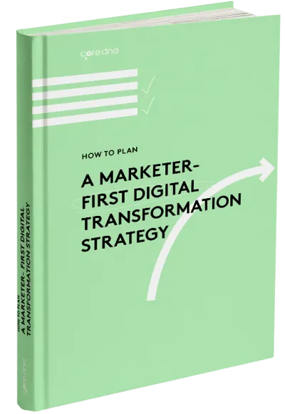 Book cover titled 'A Marketer-First Digital Transformation Strategy' with green background.